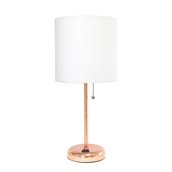 Diamond Sparkle Rose Gold Stick Table Lamp with Charging Outlet & Fabric Shade, White DI2519762